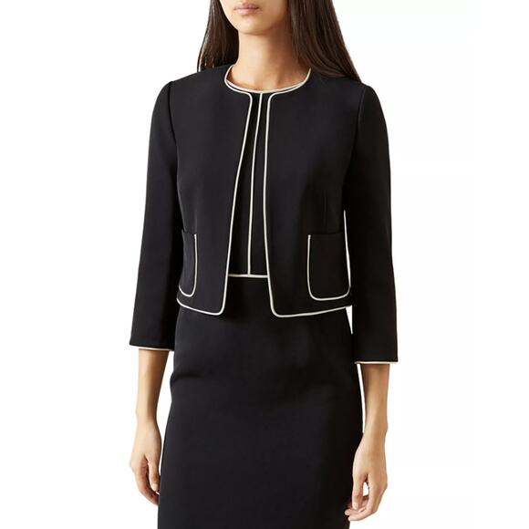 HOBBS LONDON 6 Cressida Jacket Blazer Suit Crop Black White 3/4 Sleeves Piping - Picture 2 of 7